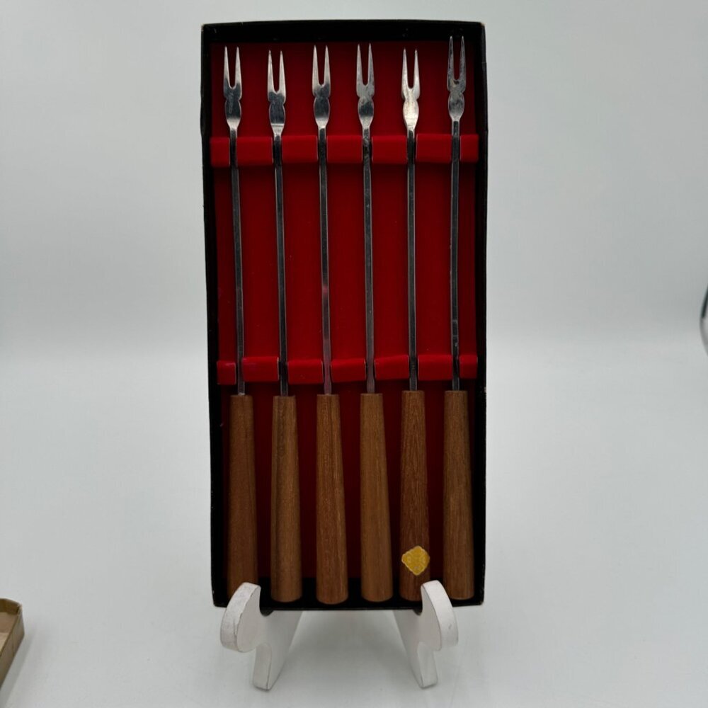 Vintage Set of Six MCM Walnut & Stainless Steel Fondue Forks Japan  OMC